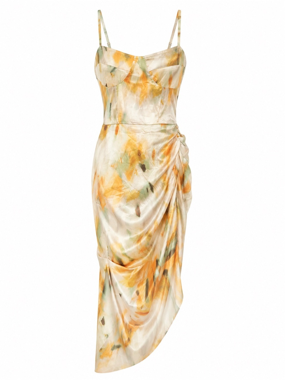 CBR One-Shoulder Watercolor Midi Dress in Yellow, Green and Cream